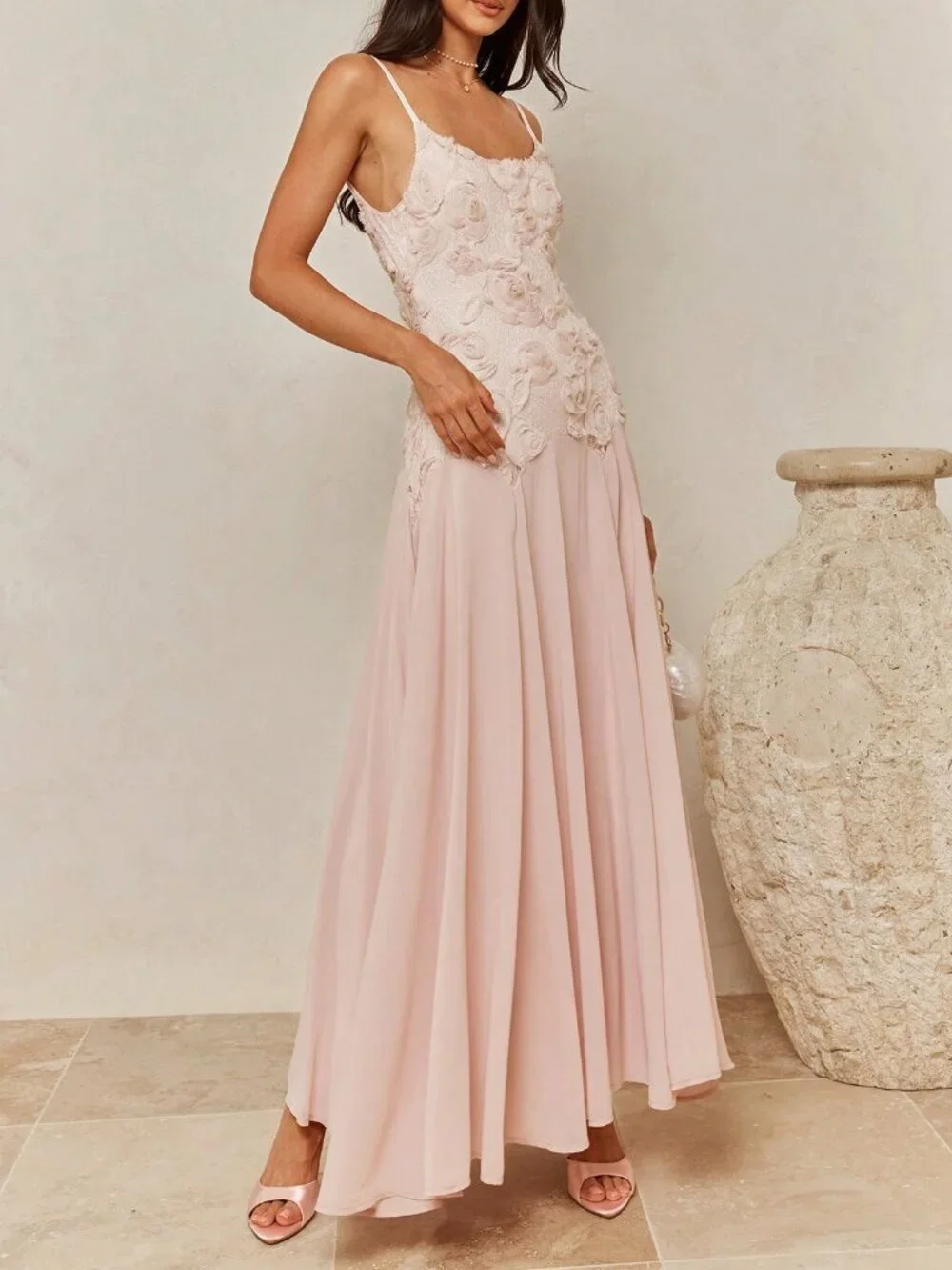 Pink Elegant Women's Floral Embroidered Camisole Mermaid Dress